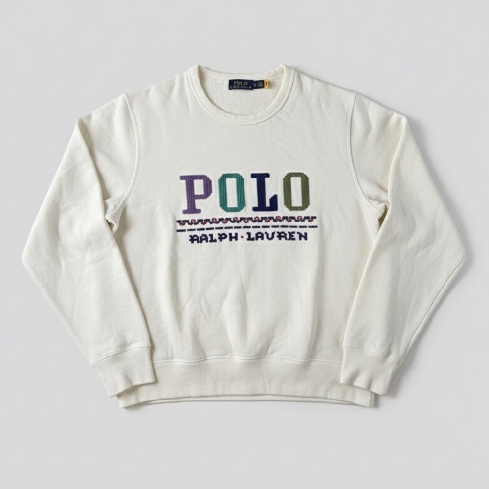 Polo Ralph Lauren Crewneck Sweatshirt Cream Embroidered Logo‎ Size XL Stitch